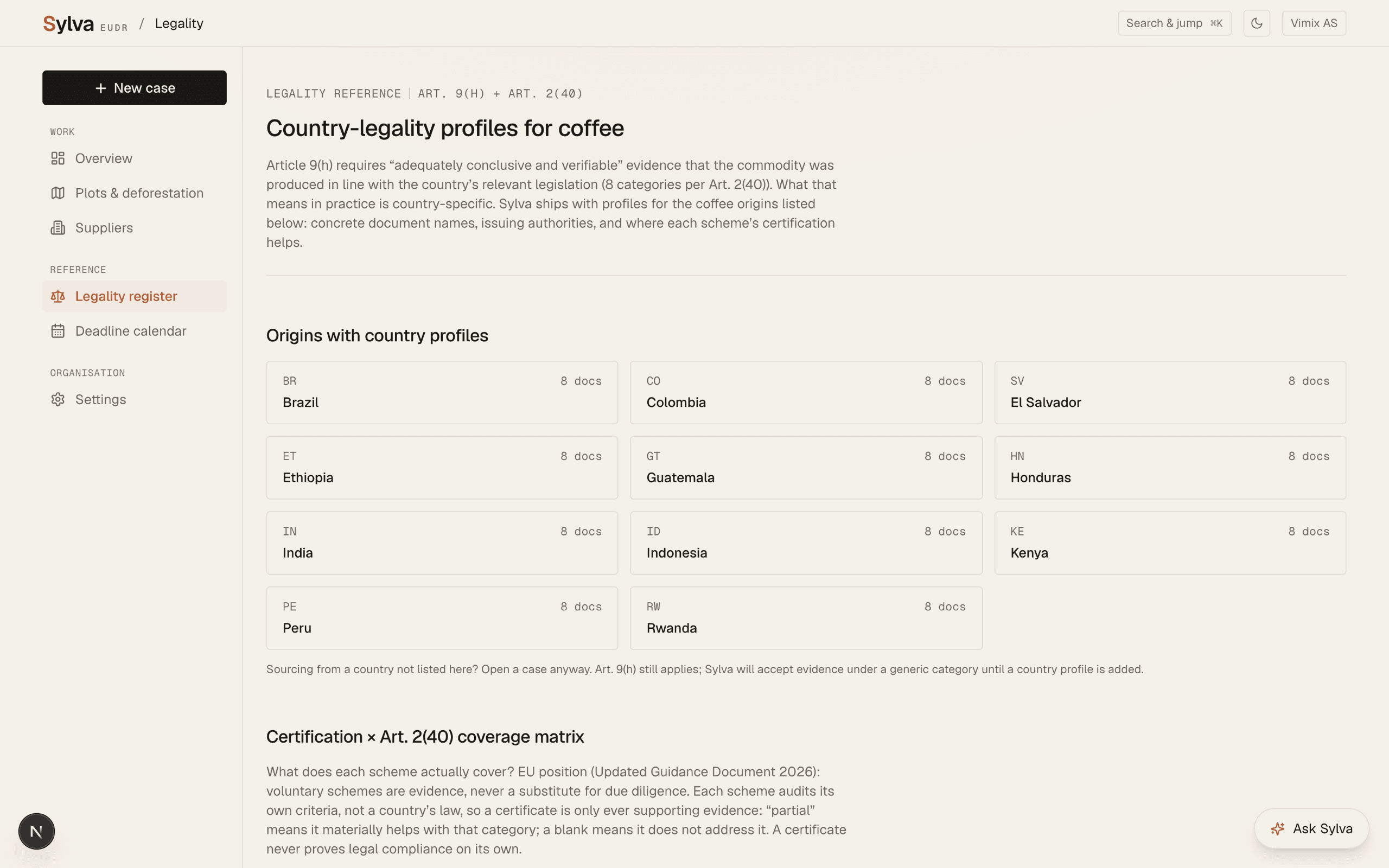The legality register in Sylva: per-country profiles of the legal instruments each origin expects under the eight Article 2(40) categories, with a certification coverage matrix