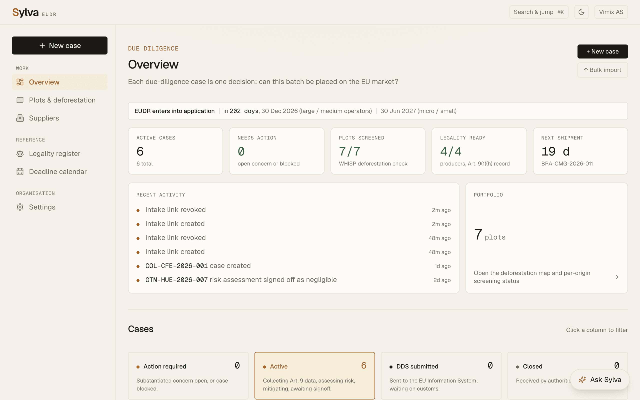 Sylva overview: due-diligence cases, plots screened, legality status and upcoming shipments