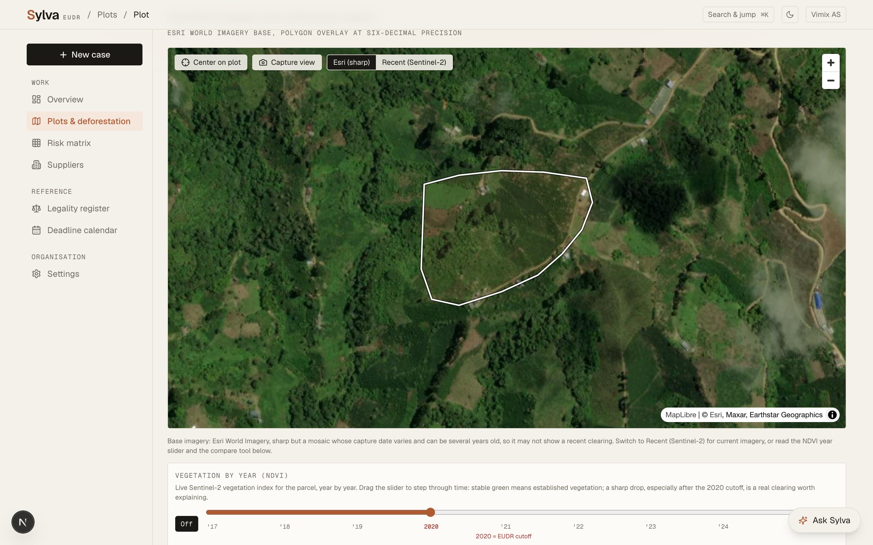 Sylva plot view: a coffee plot in Yirgacheffe on satellite imagery, screened against the EUDR cutoff