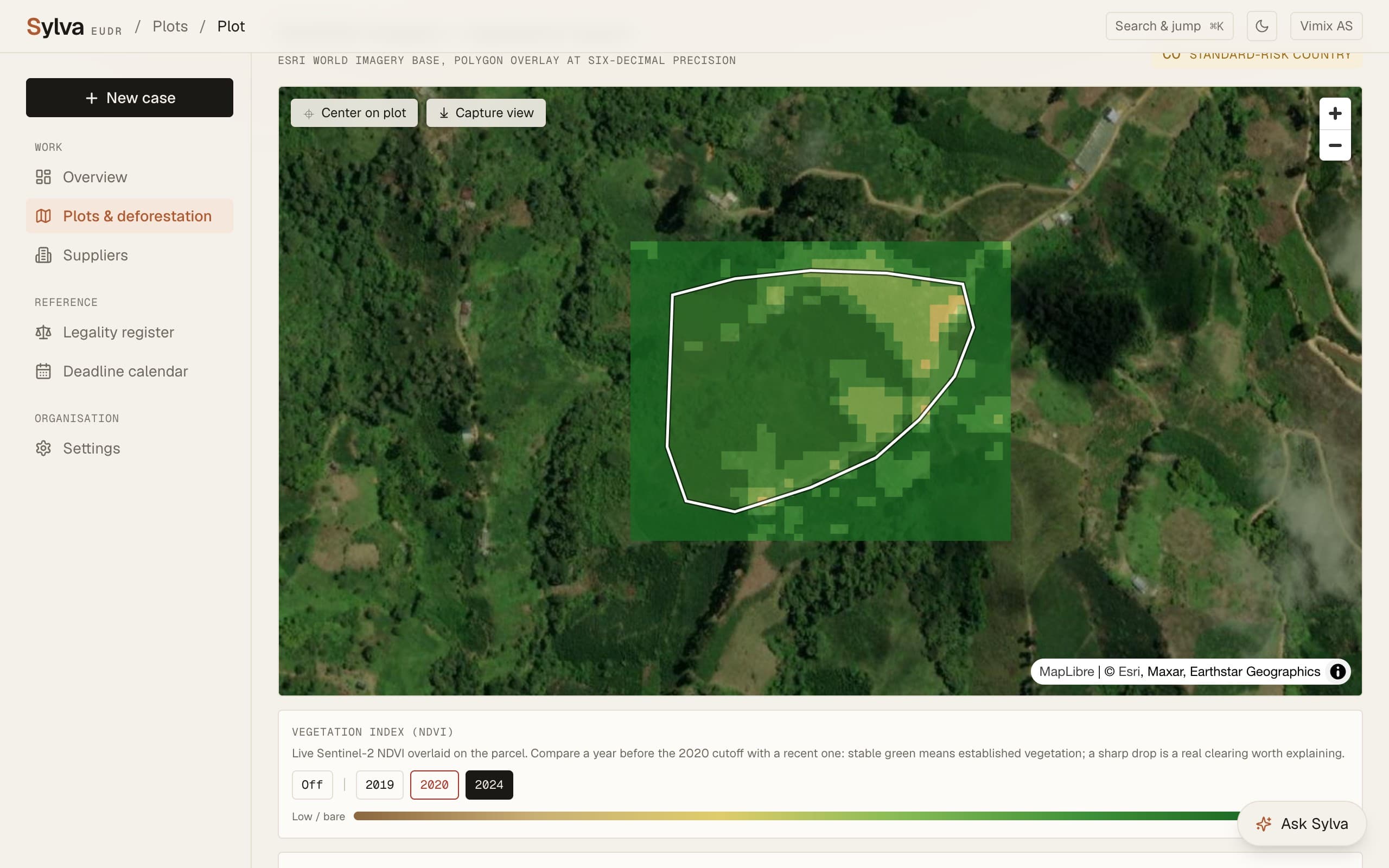 A flagged Colombia coffee parcel with the live vegetation index drawn over the boundary, compared year by year against the EUDR cutoff